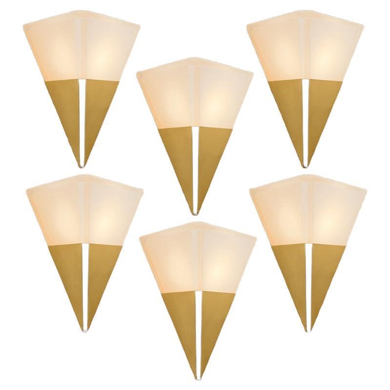 Pyramid Milk Glass and Brass Wall Lights by Glashütte Limburg, 1970s