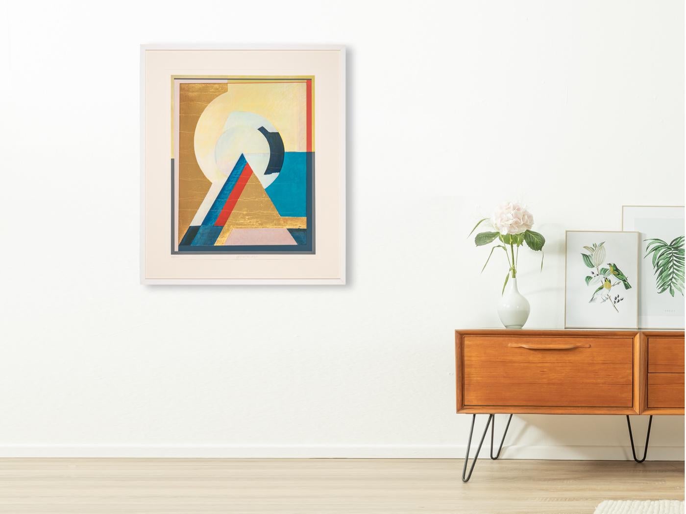 Otto Herbert HAJEK Pyramide with a mix of shinig and mat surfaces. Colorful and and abstract offset printing on thick paper from 1992. Handsigned and numbered (18/100). Ready to hang, framed with a passepartout in a handcrafted real wood picture