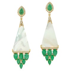 Pyramid Shaped Dangle Earrings With MOP & Emerald In 18k White Gold