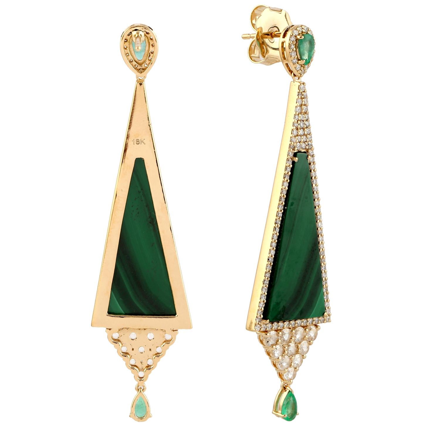 Artisan Pyramid Shaped Malachite Earring with Emerald & Pave Diamonds in 18k Yellow Gold For Sale