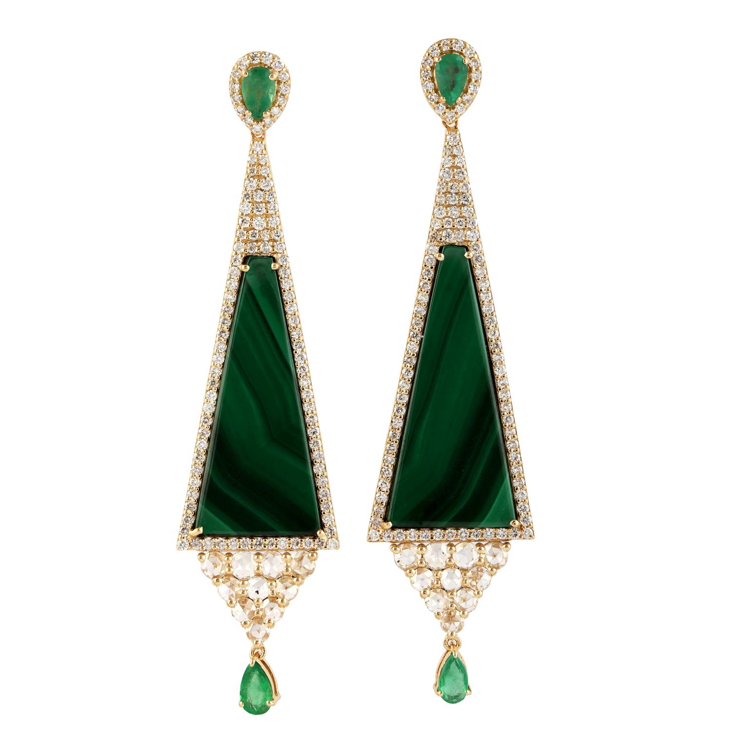 Mixed Cut Pyramid Shaped Malachite Earring with Emerald & Pave Diamonds in 18k Yellow Gold For Sale