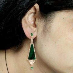 Pyramid Shaped Malachite Earring with Emerald & Pave Diamonds in 18k Yellow Gold