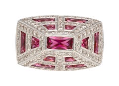 Pyramid Shaped Pink Tourmaline and Diamond Cluster Men's Ring in 18k White Gold