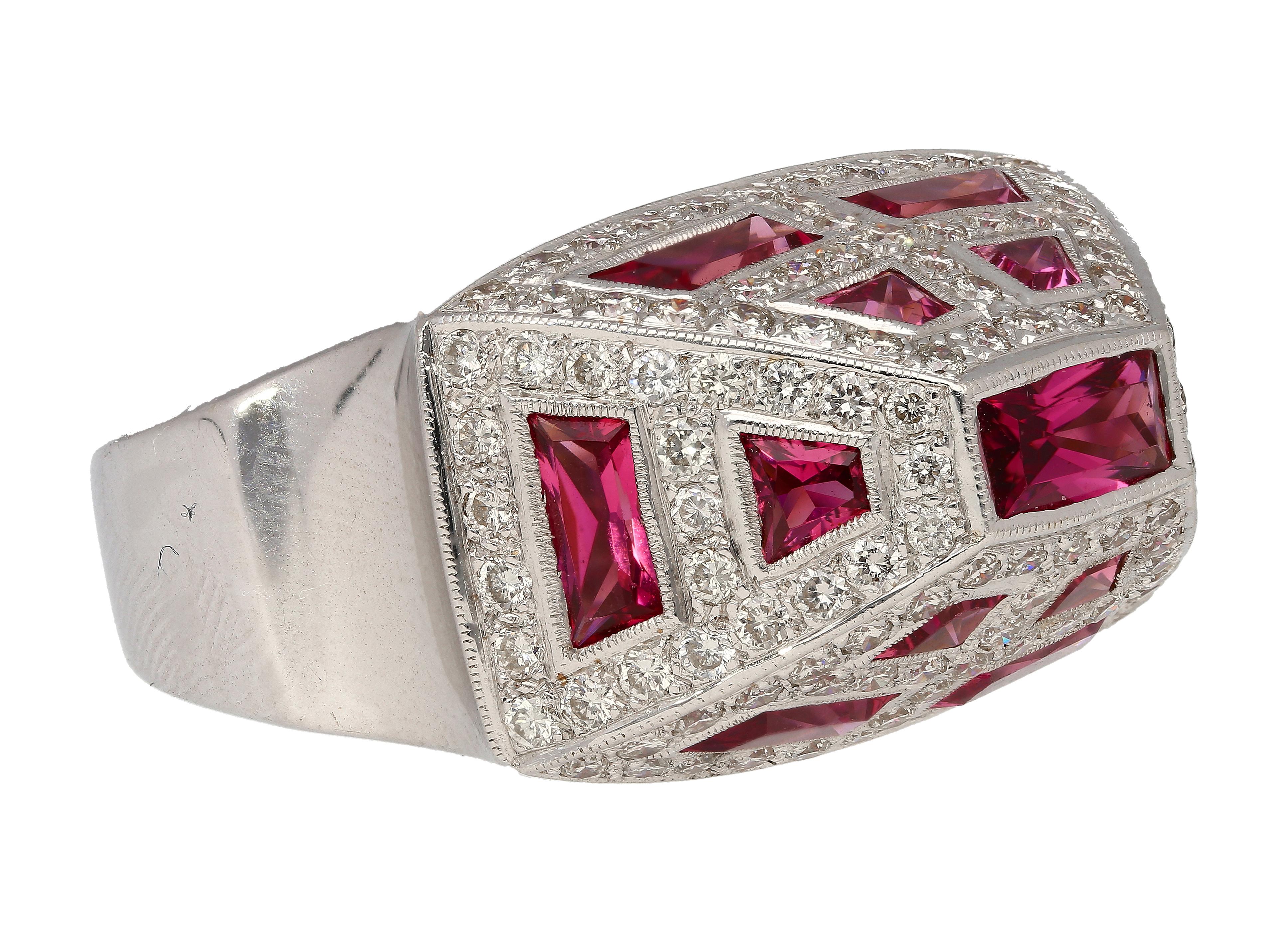 Retro Pyramid Shaped Pink Tourmaline and Diamond Cluster Men's Ring in 18k White Gold