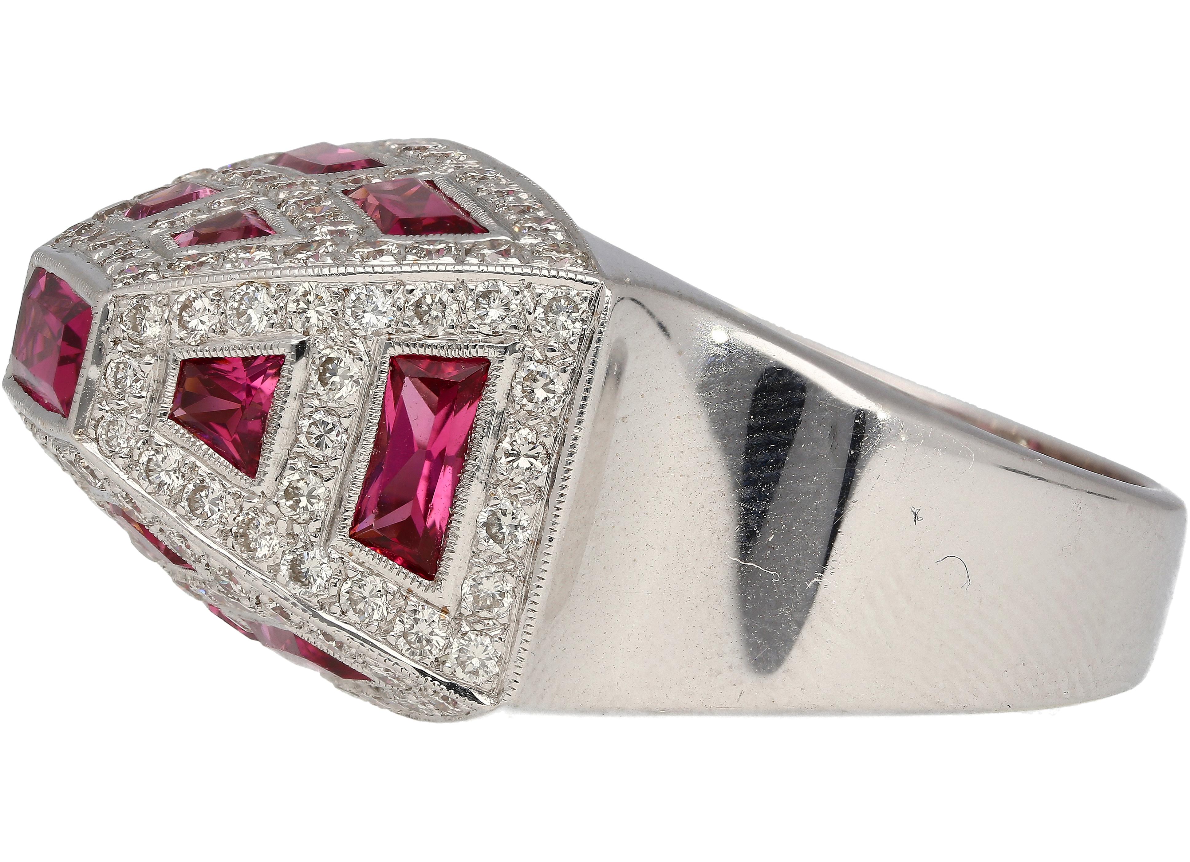 Baguette Cut Pyramid Shaped Pink Tourmaline and Diamond Cluster Men's Ring in 18k White Gold
