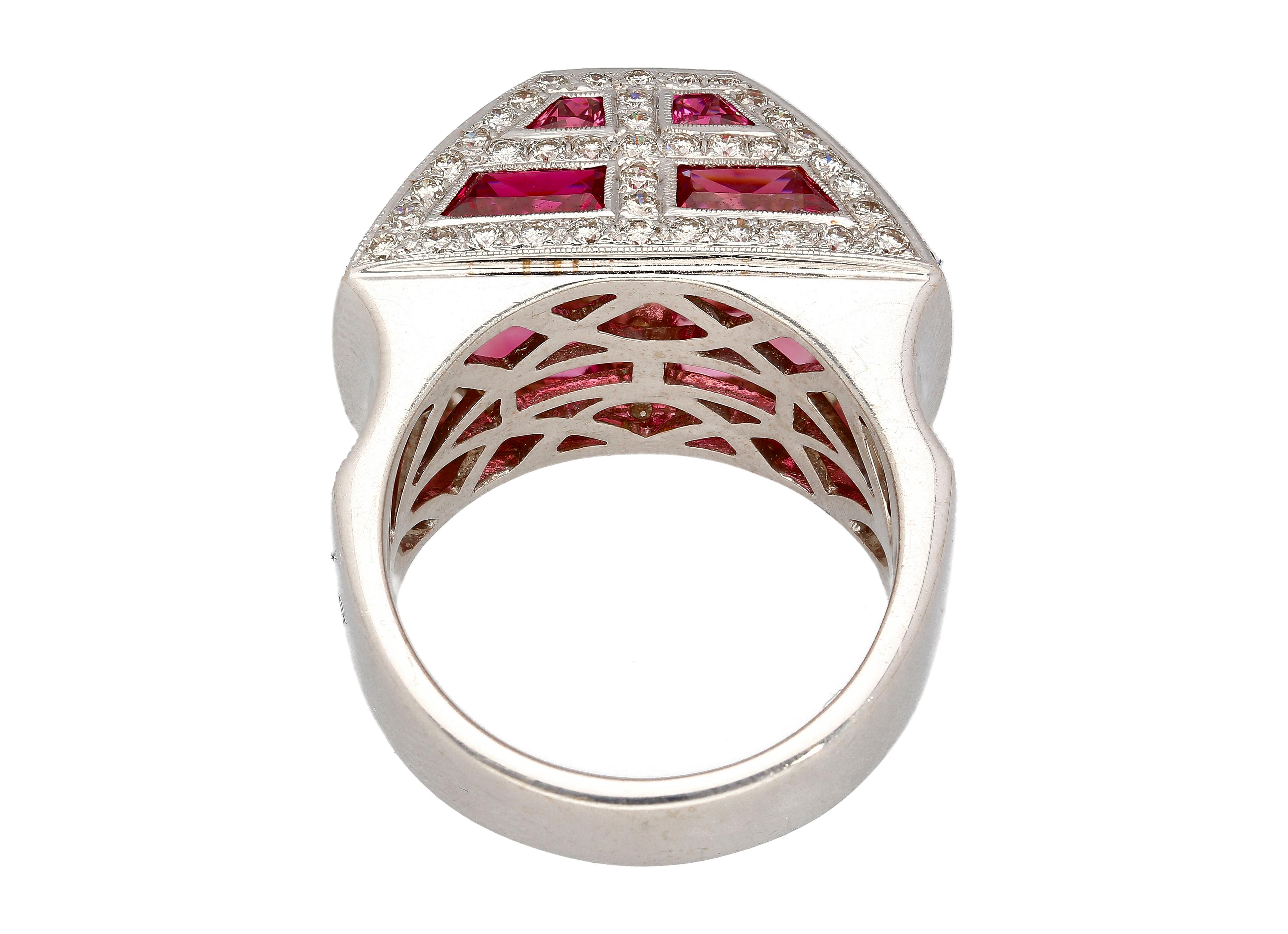 Pyramid Shaped Pink Tourmaline and Diamond Cluster Men's Ring in 18k White Gold In New Condition In Miami, FL