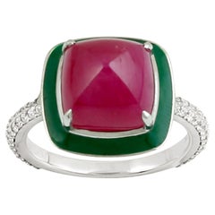 Sugarloaf Shaped Mozambique Ruby Ring With Green Enamel & Diamonds