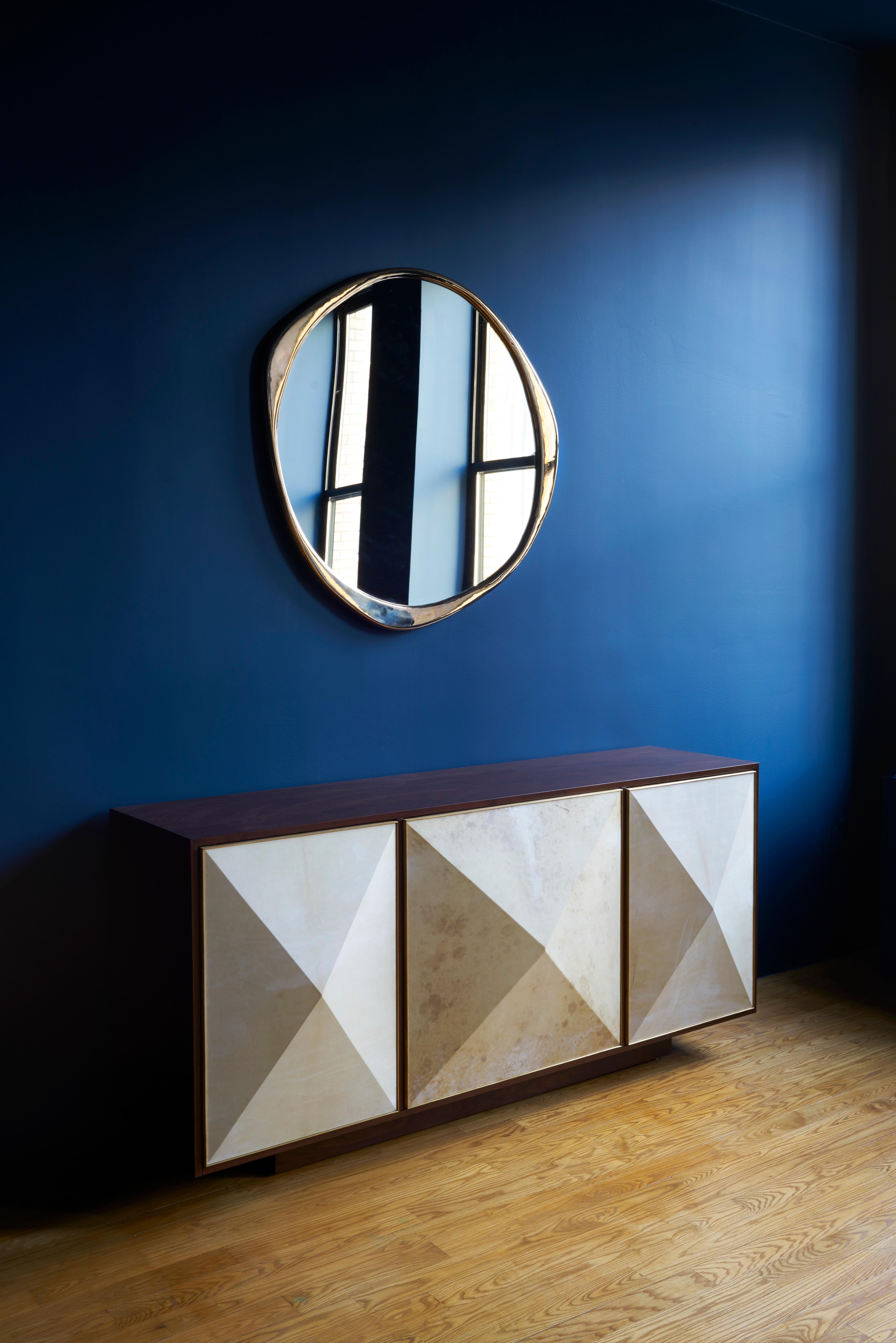 Konekt Pyramid Sideboard 4 Door in Bleached Walnut, Goatskin Parchment and Brass For Sale 6