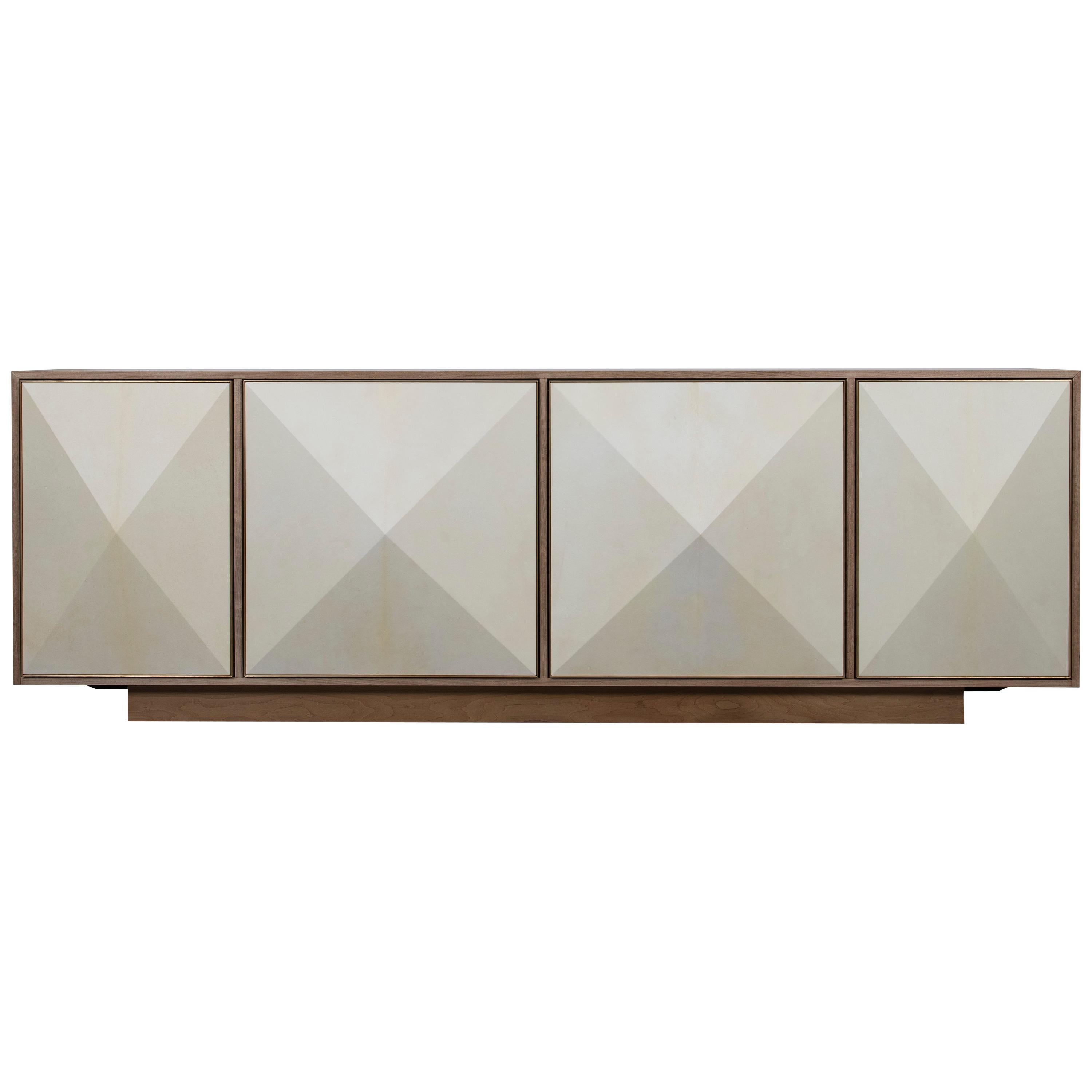 Konekt Pyramid Sideboard 4 Door in Bleached Walnut, Goatskin Parchment and Brass For Sale