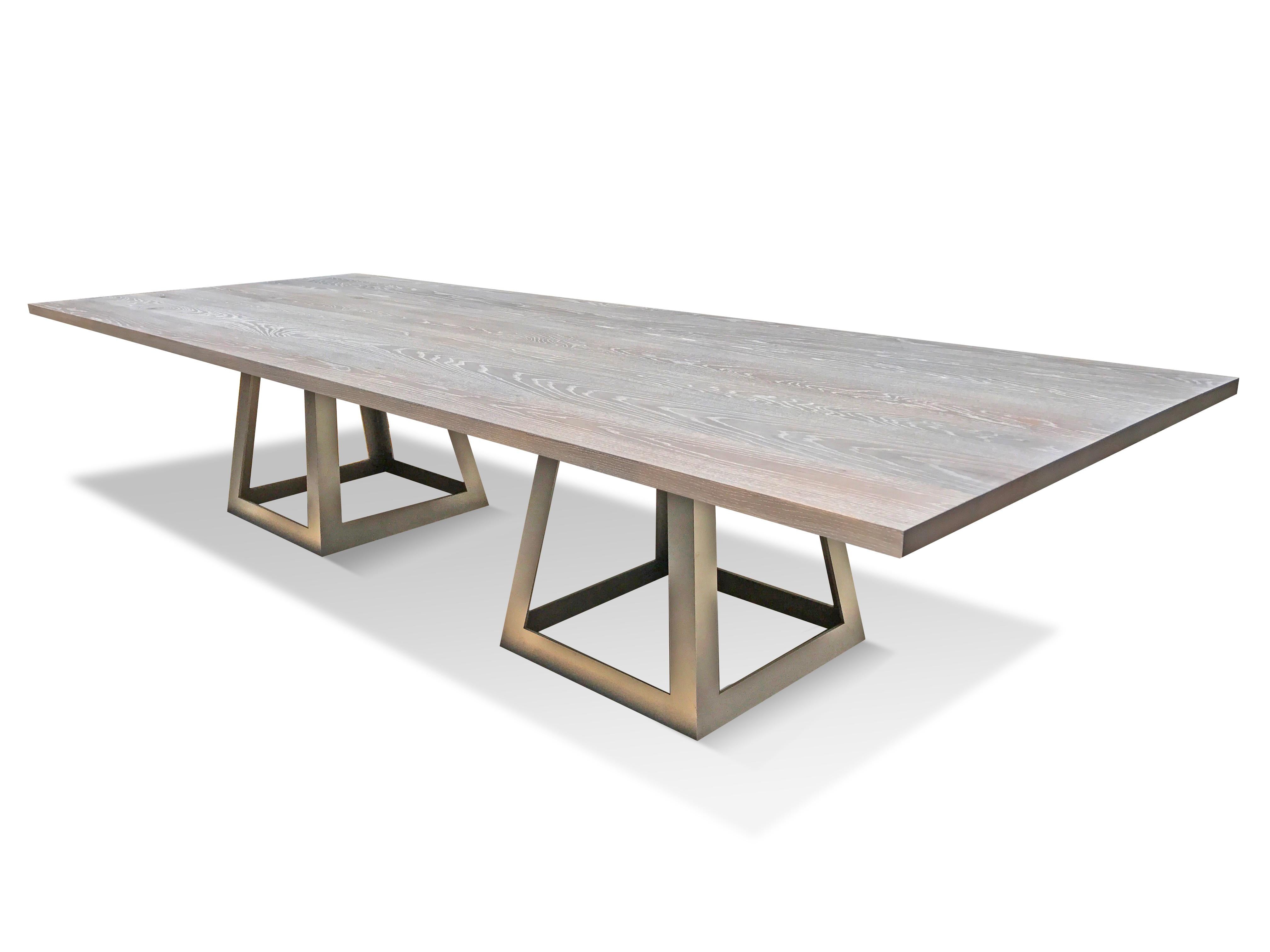 Whether used as a pedestal or a set of two for a larger dining table, the Pyramid is another central piece in the Mark Jupiter Elegant Industrial Collection. As shown here this highly cerused grayed white Oak top works perfectly with the gray steel