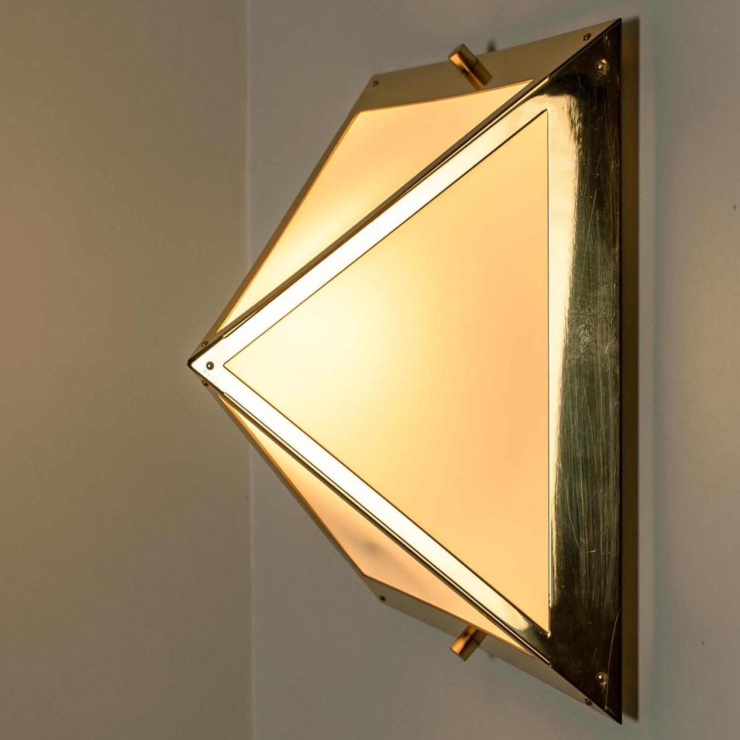 Pyramid White Glass and Brass Wall Lights by Glashütte Limburg, 1970s For Sale 3