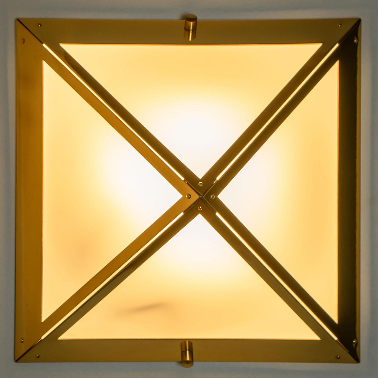 Pyramid White Glass and Brass Wall Lights by Glashütte Limburg, 1970s For Sale 4