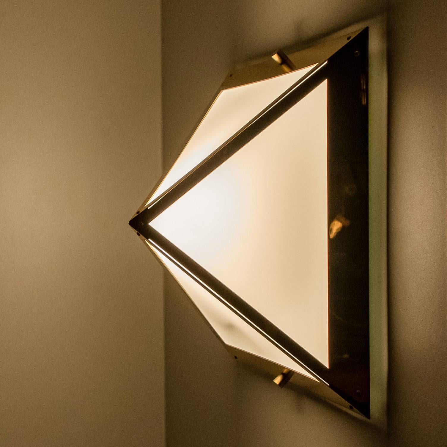 Pyramid White Glass and Brass Wall Lights by Glashütte Limburg, 1970s 5