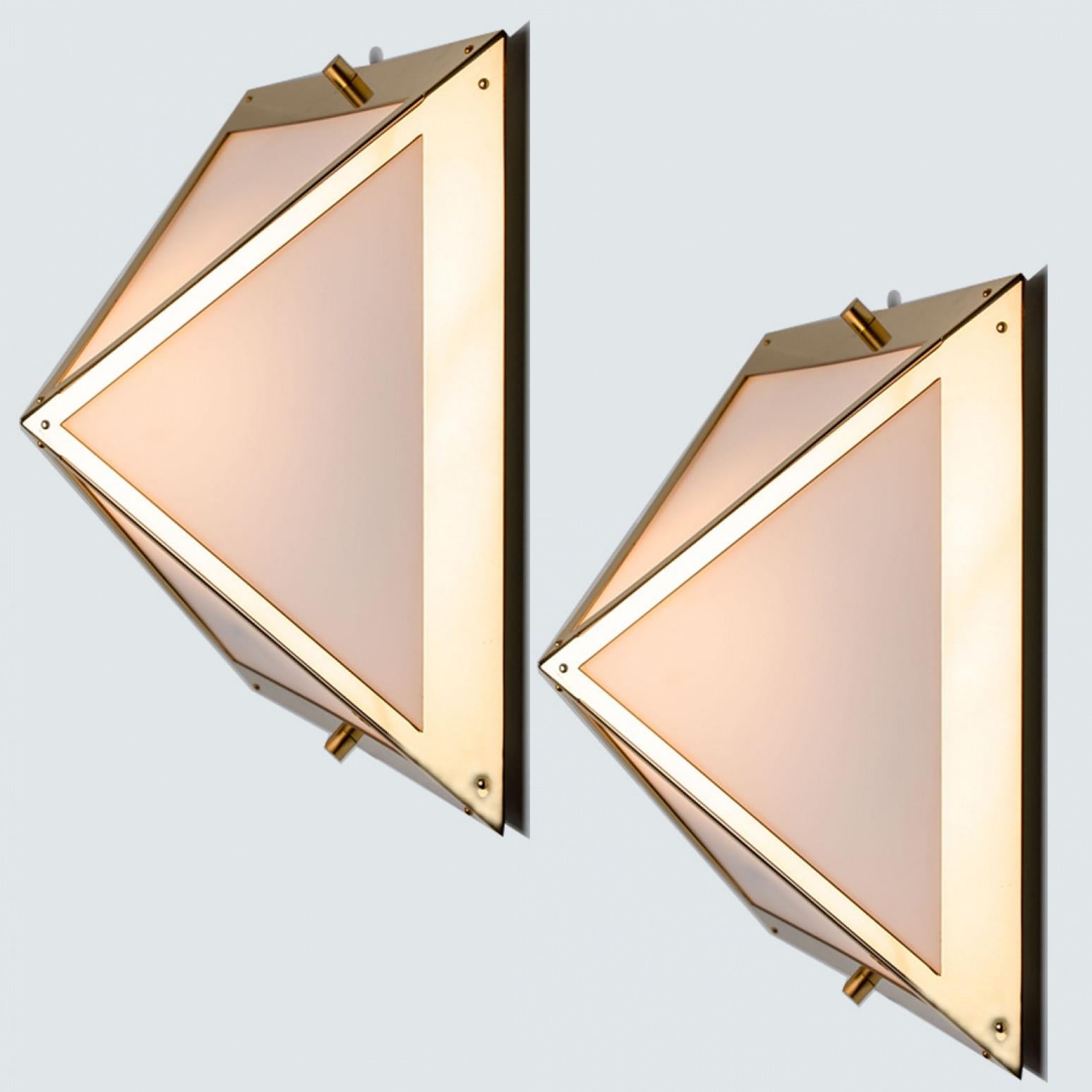 Pyramid White Glass and Brass Wall Lights by Glashütte Limburg, 1970s For Sale 7