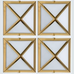 Pyramid White Glass and Brass Wall Lights by Glashütte Limburg, 1970s