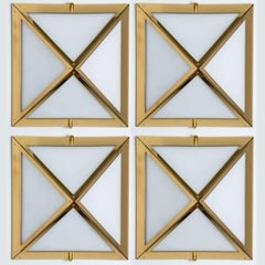 Pyramid White Glass and Brass Wall Lights by Glashütte Limburg, 1970s