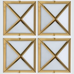 Pyramid White Glass and Brass Wall Lights by Glashütte Limburg, 1970s