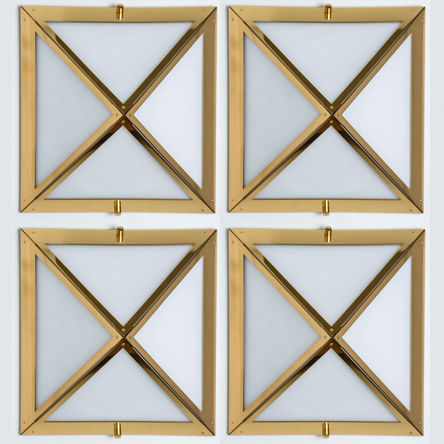 Mid-Century Modern Pyramid White Glass and Brass Wall Lights by Glashütte Limburg, 1970s For Sale