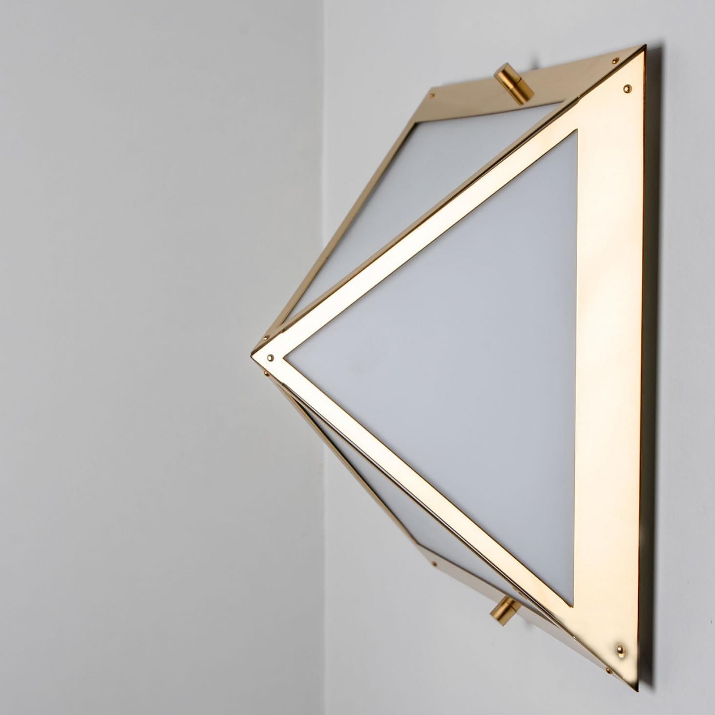 German Pyramid White Glass and Brass Wall Lights by Glashütte Limburg, 1970s For Sale