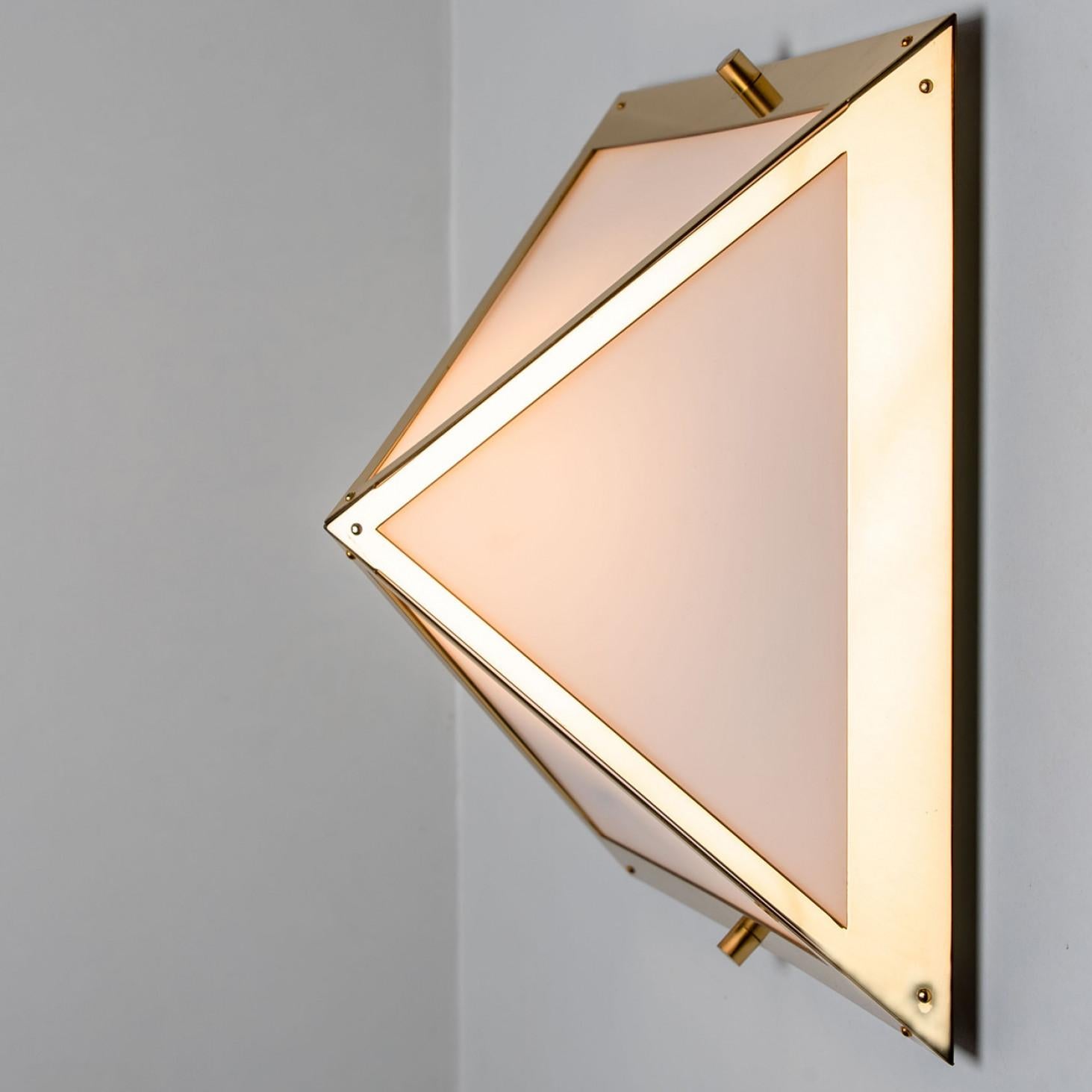 Late 20th Century Pyramid White Glass and Brass Wall Lights by Glashütte Limburg, 1970s