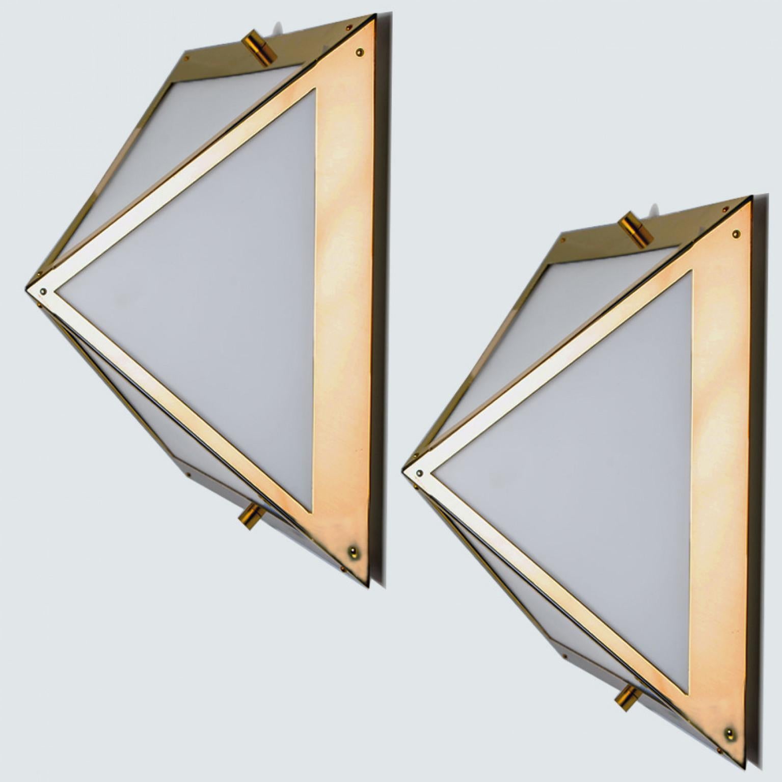 Pyramid White Glass and Brass Wall Lights by Glashütte Limburg, 1970s For Sale 1