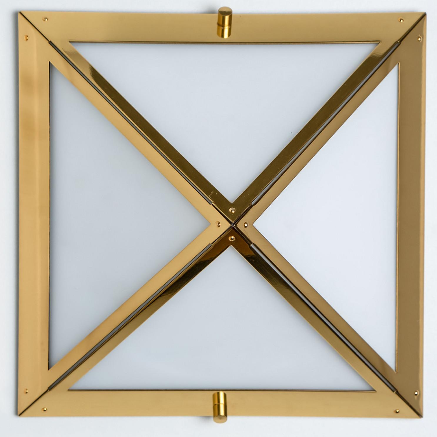 Pyramid White Glass and Brass Wall Lights by Glashütte Limburg, 1970s For Sale 2