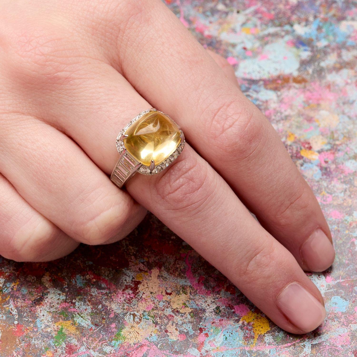 Pyramidal Cabochon Yellow Sapphire and Diamond Ring ‘No Heat’ For Sale 3