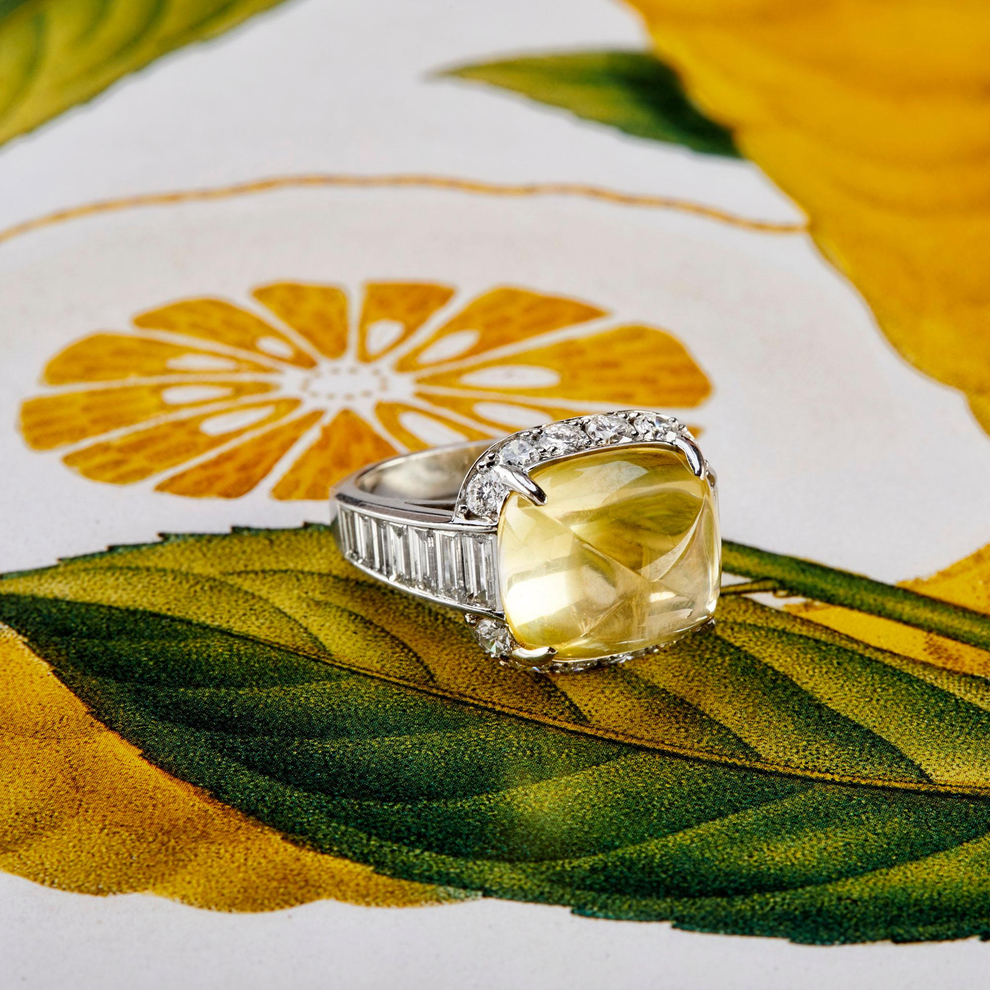 Art Deco Pyramidal Cabochon Yellow Sapphire and Diamond Ring ‘No Heat’ For Sale