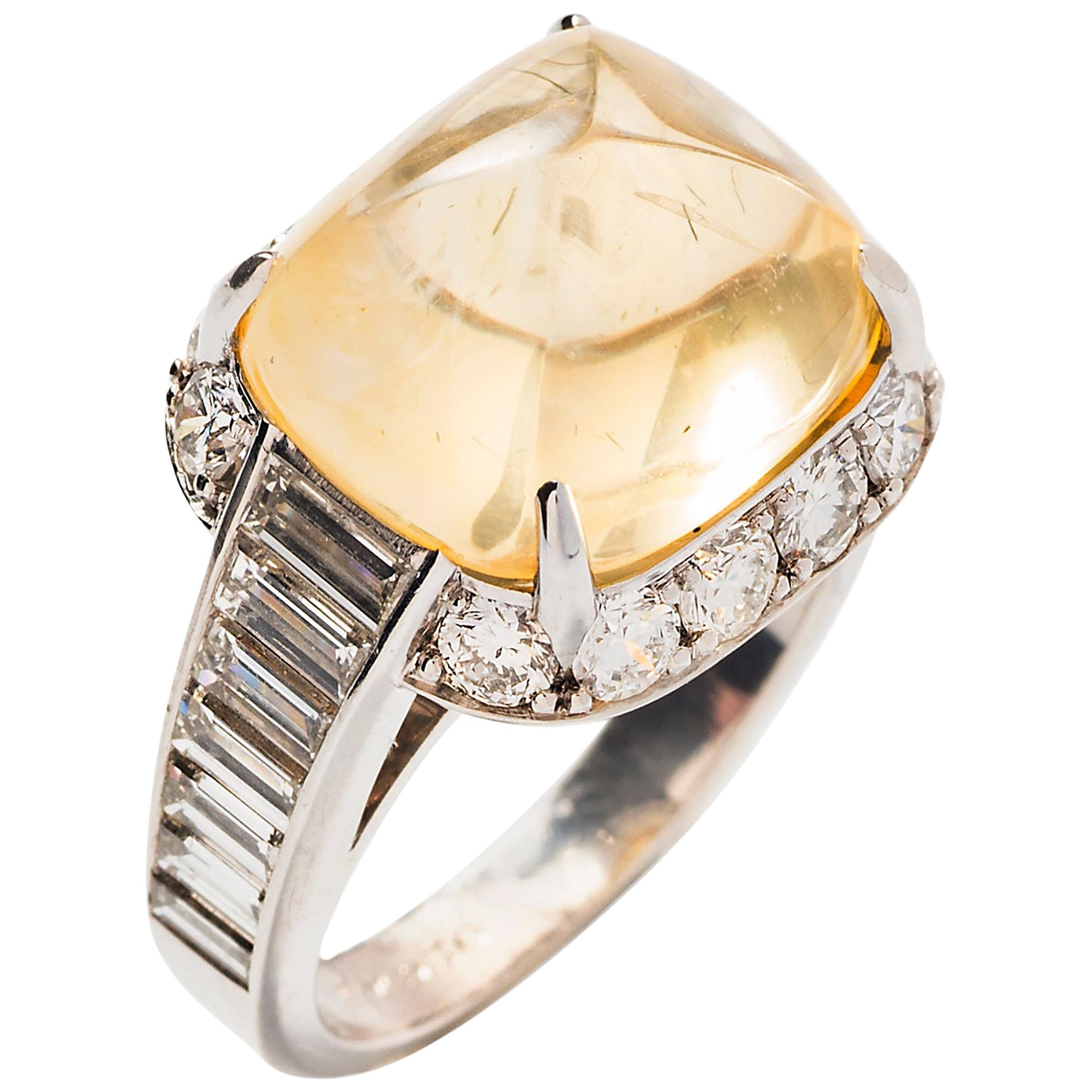 Pyramidal Cabochon Yellow Sapphire and Diamond Ring ‘No Heat’