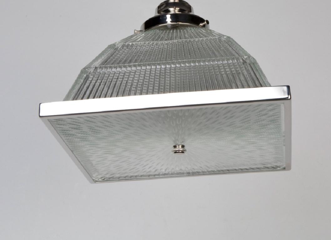 Industrial Pyramidal Holophane Glass Pendant with Square Diffuser in Nickel, Circa 1950s For Sale