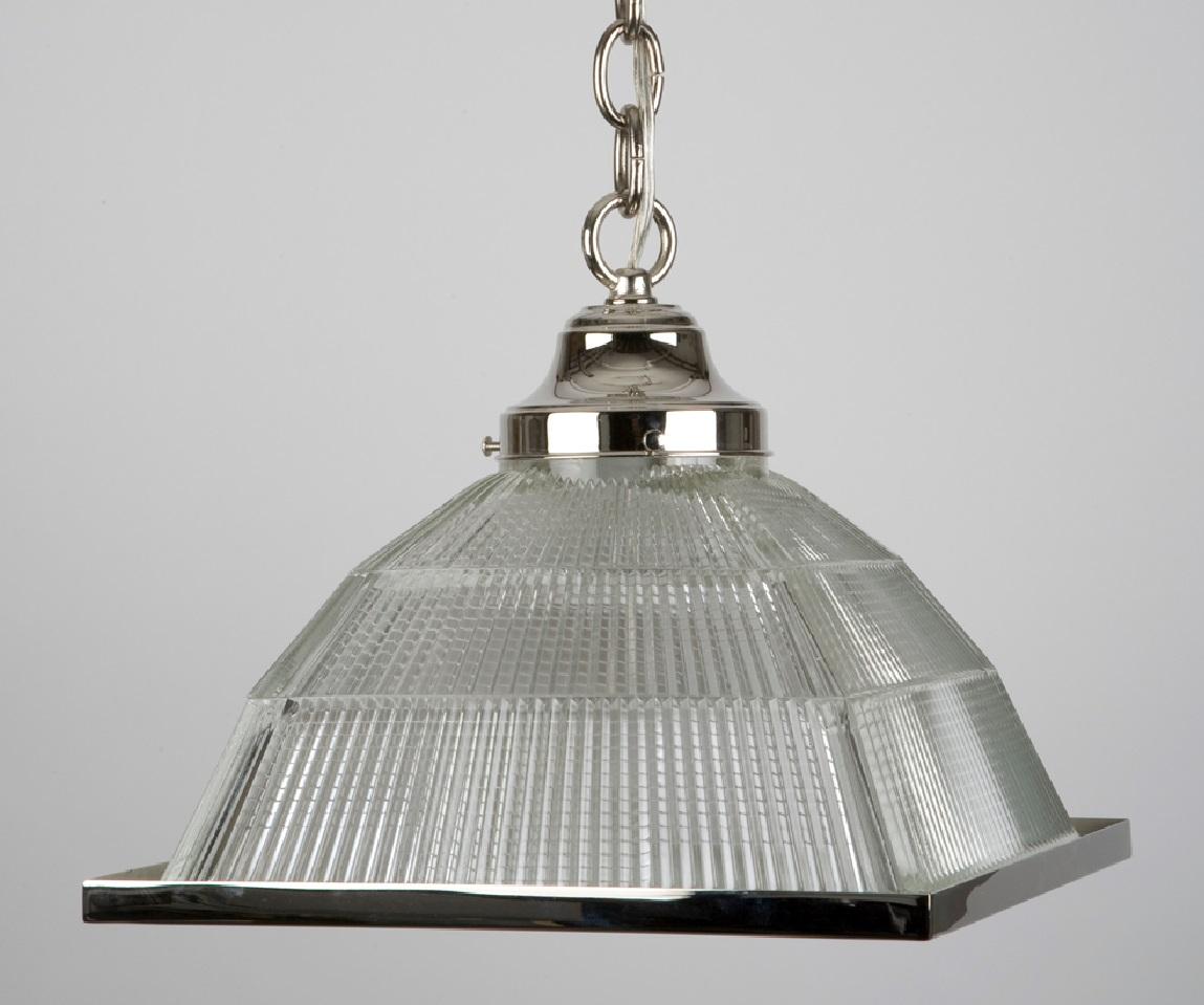American Pyramidal Holophane Glass Pendant with Square Diffuser in Nickel, Circa 1950s For Sale