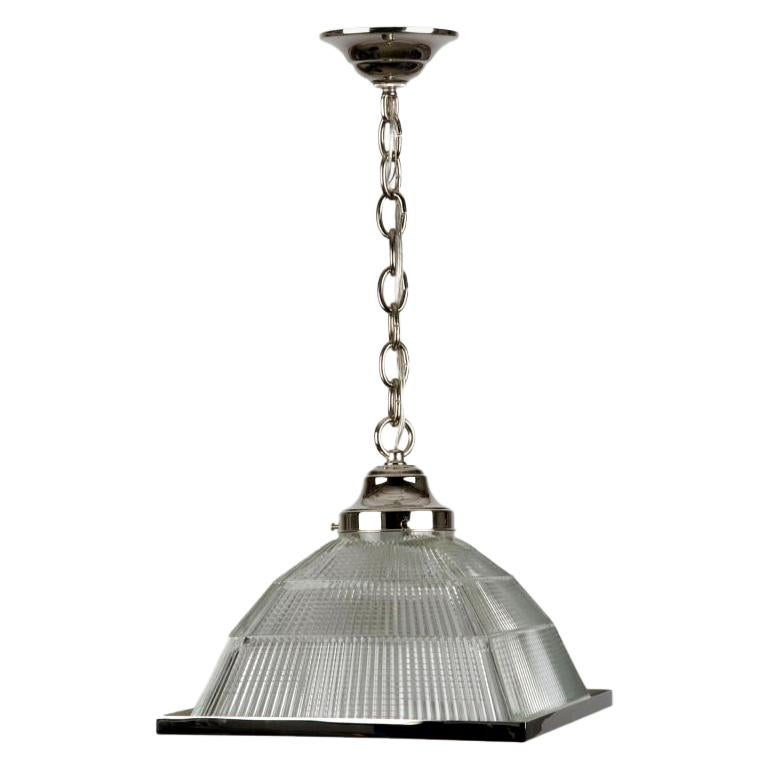Pyramidal Holophane Glass Pendant with Square Diffuser in Nickel, Circa 1950s For Sale