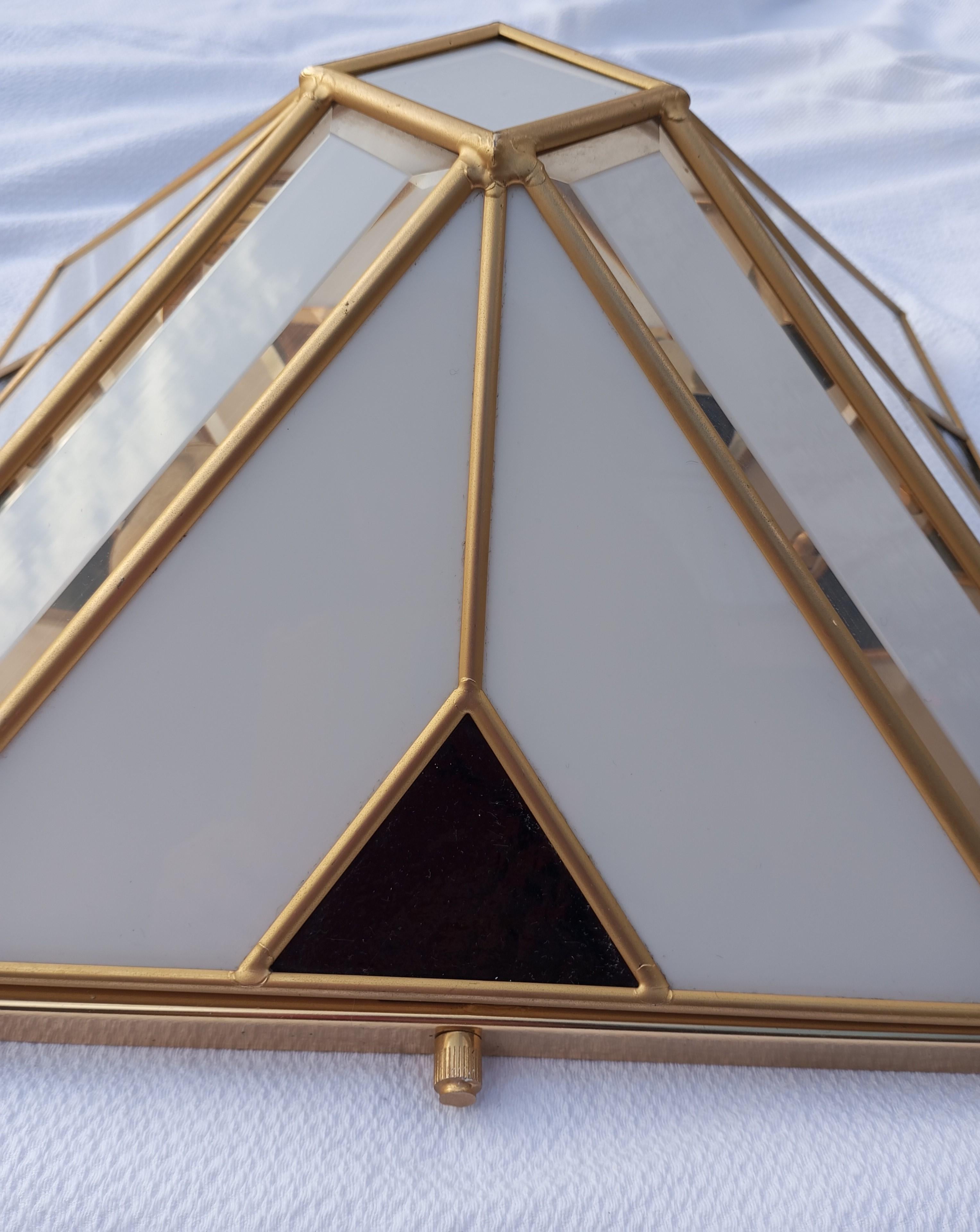 Glass Pyramidal wall lamp with white opaline glass and gold-patinated metal 1970s For Sale
