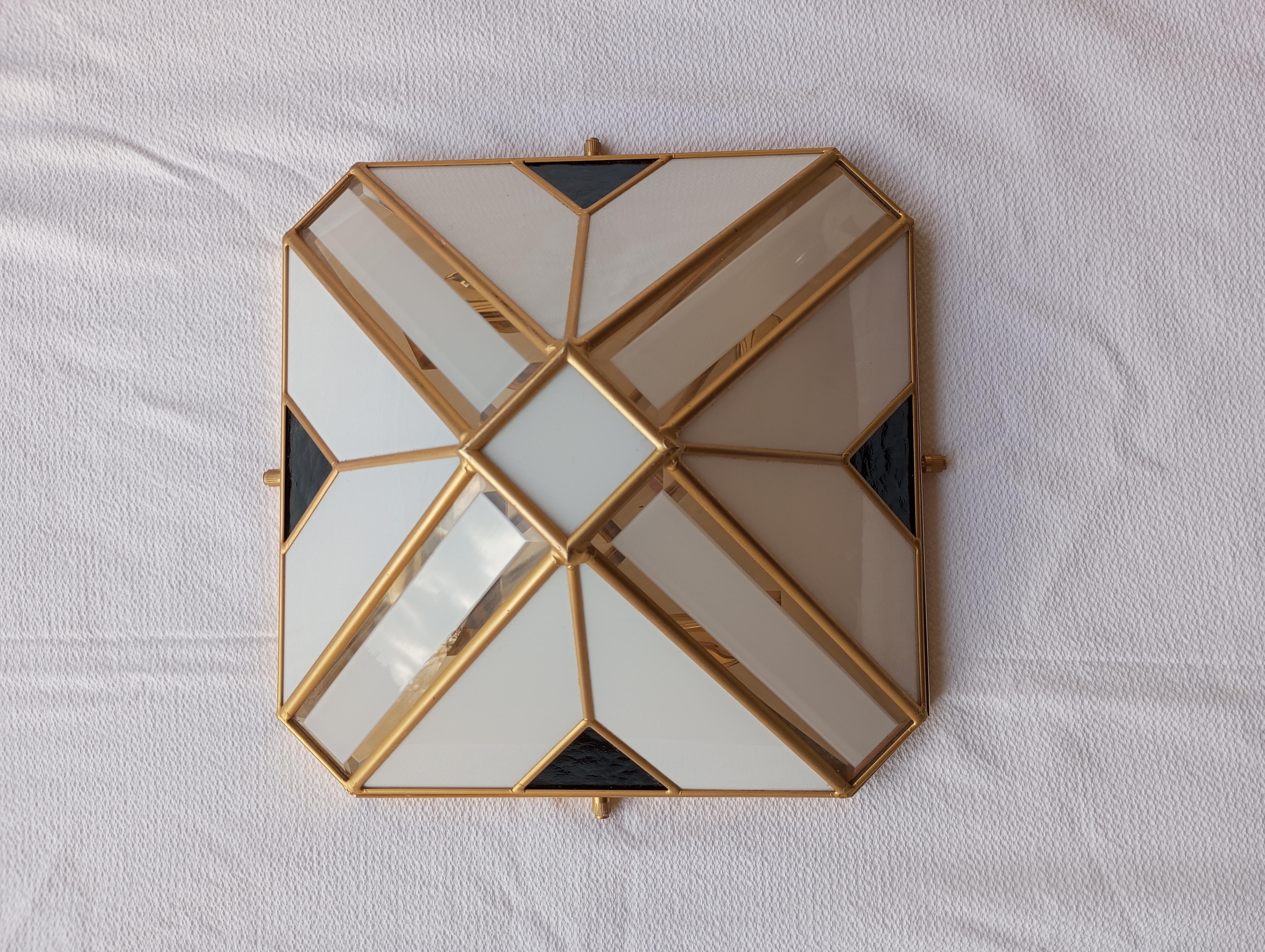 Pyramidal wall lamp with white opaline glass and gold-patinated metal 1970s For Sale 2