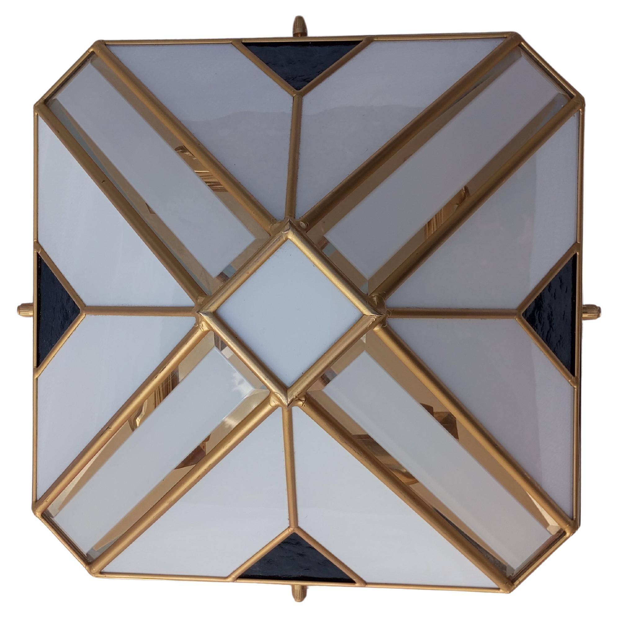 Pyramidal wall lamp with white opaline glass and gold-patinated metal 1970s For Sale