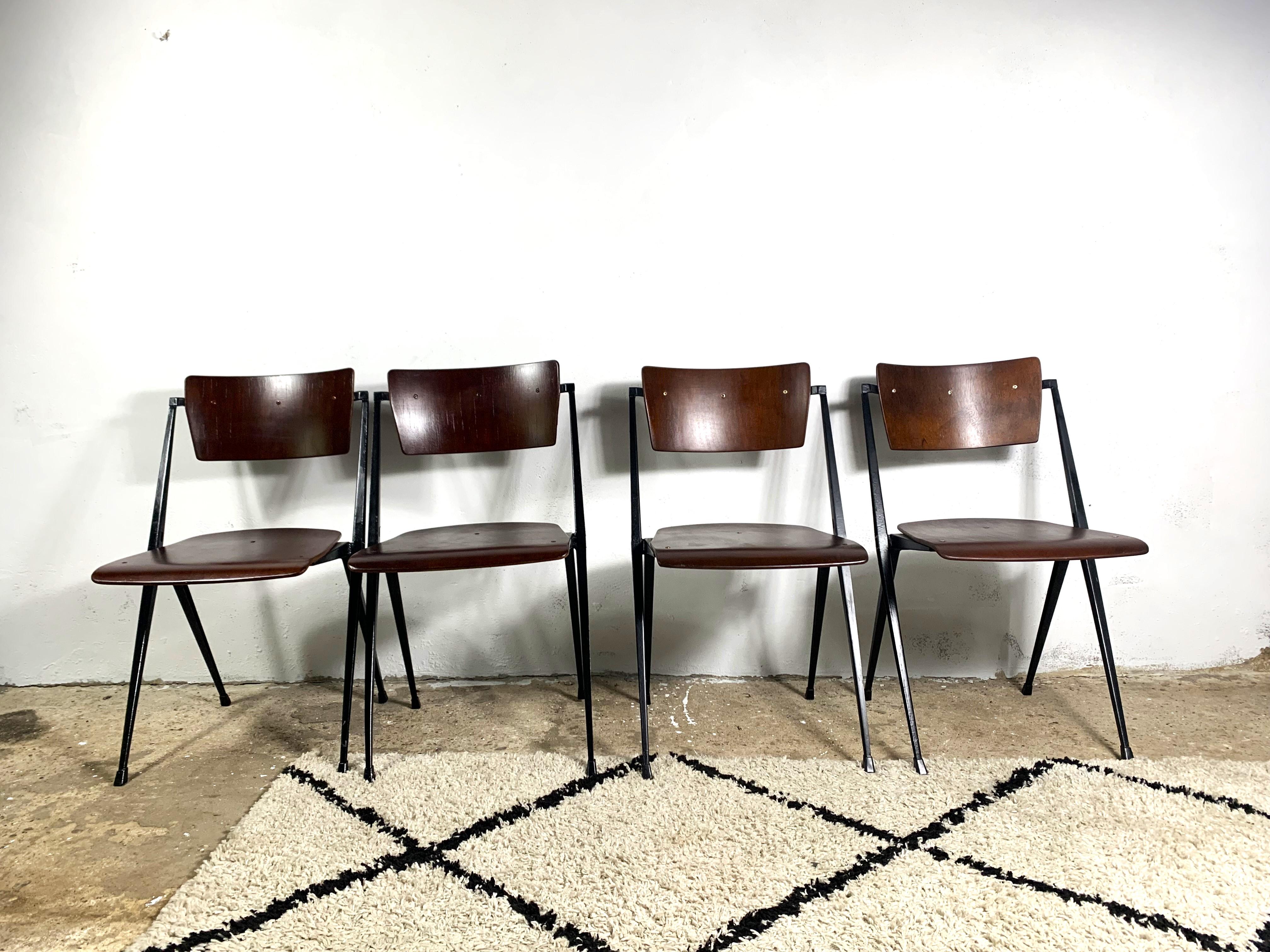 Steel Pyramide Chairs By Wim Rietveld Set Of 4, Industrial Mid Century For Sale