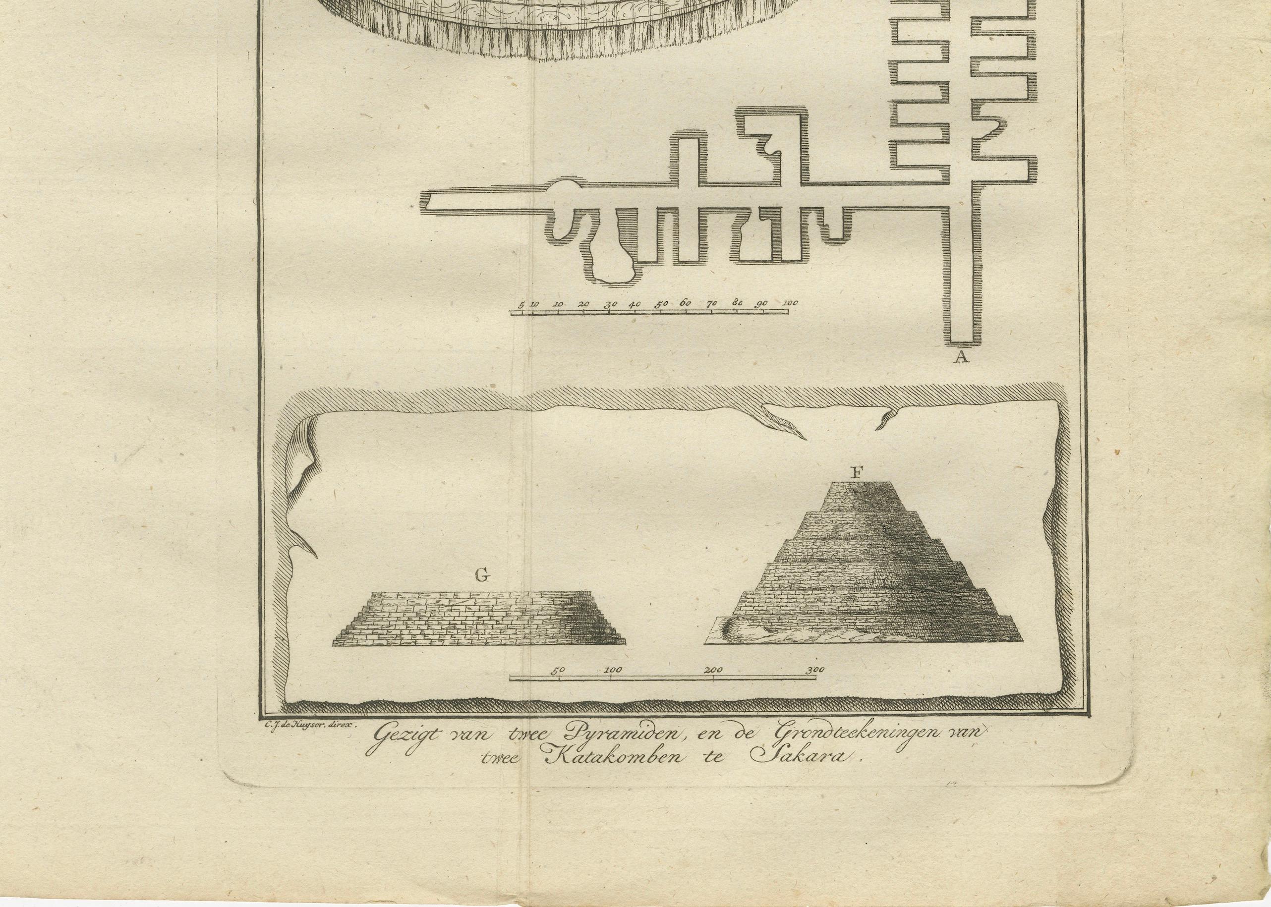 Título: Pirámides y catacumbas de Saqqara - Cámaras funerarias y vistas de secciones, Egipto 1776

Descripción:
Este raro grabado de 1776 ofrece un detallado registro visual de las pirámides y cámaras funerarias subterráneas de Saqqara, una de las