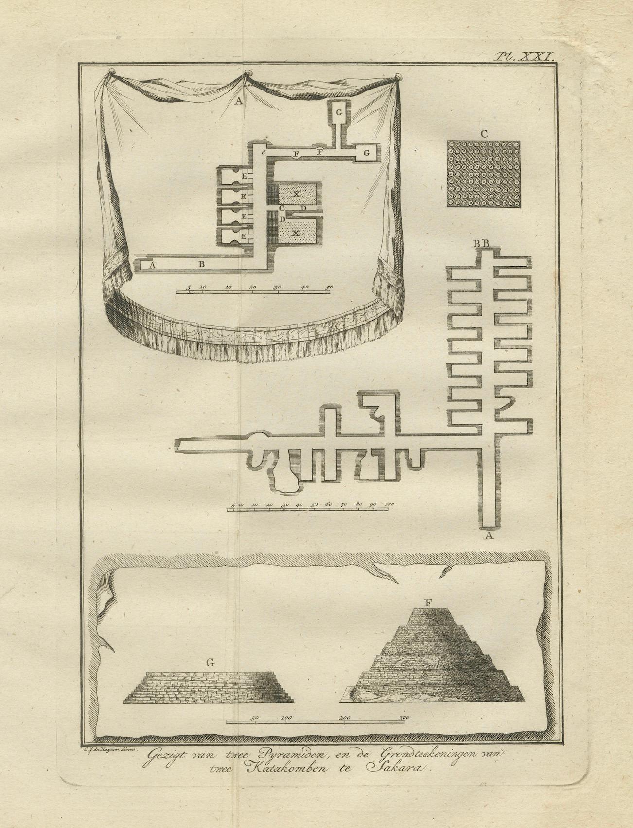 Pirámides y catacumbas de Saqqara - Cámaras funerarias y vista en sección, Egipto 1776 siglo XVIII en venta