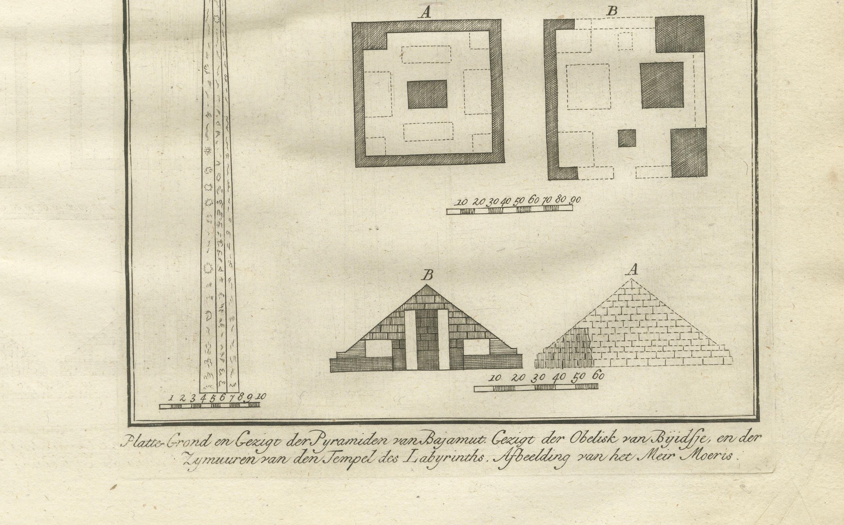 Título: Pirámides de Biahmu, obelisco de Biggig y lago Moeris - Egipto Grabado, 1776

Descripción:
Este grabado de 1776 representa una colección de planos y vistas relacionados con las pirámides de Biahmu, el antiguo obelisco de Biggig y los