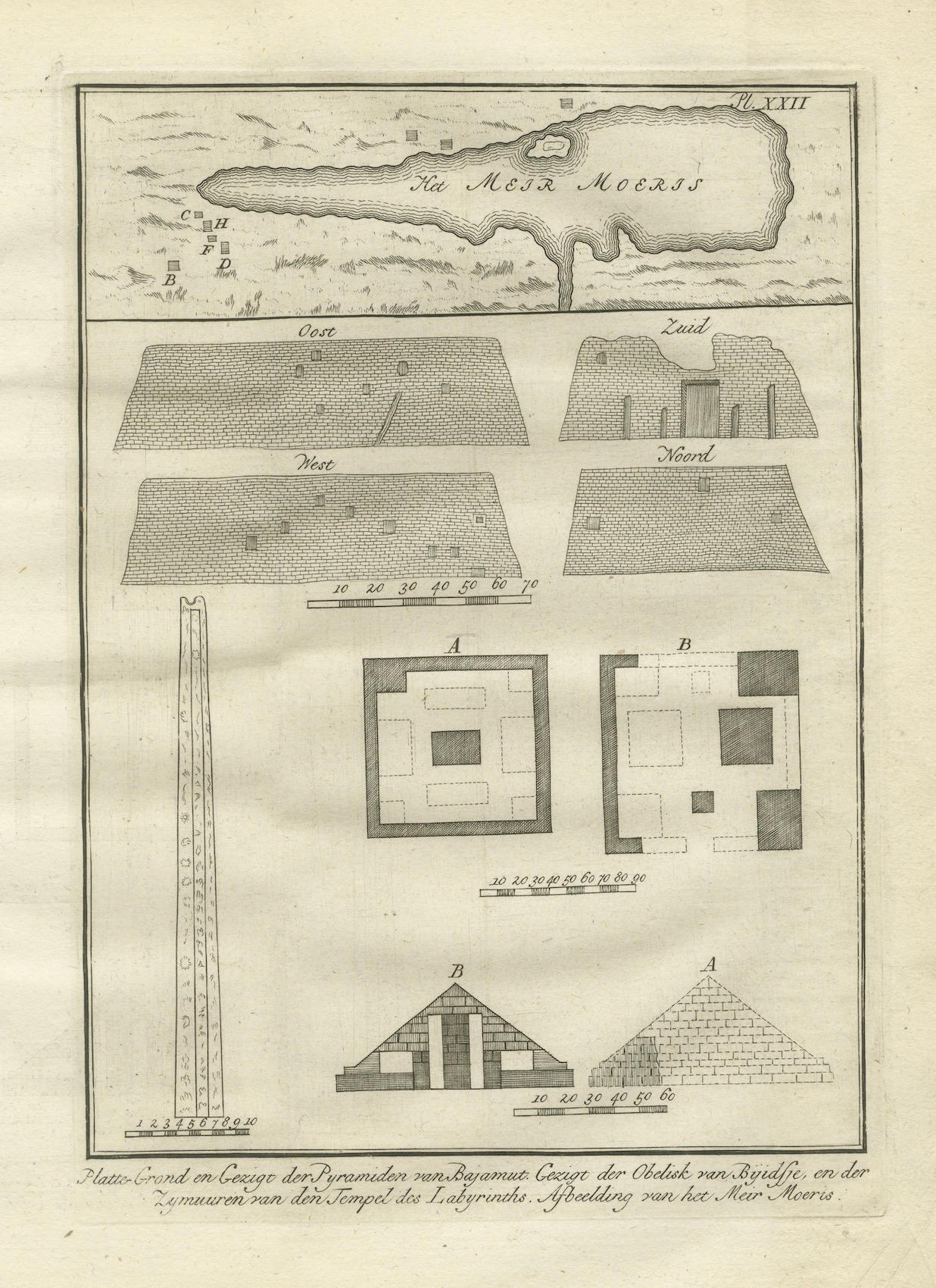 Pirámides de Biahmu, obelisco de Biggig y lago Moeris - Egipto Grabado, 1776 siglo XVIII en venta