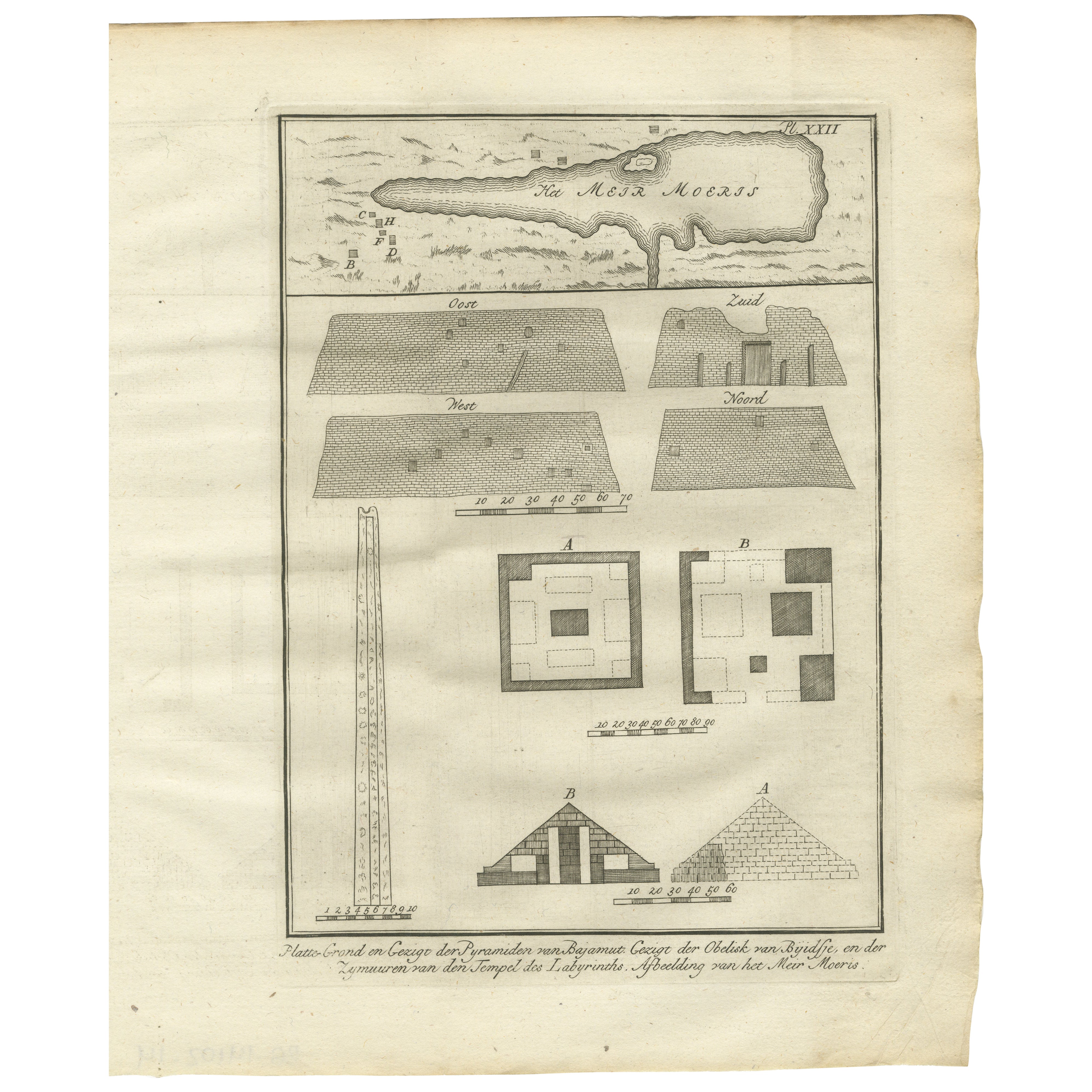 Piramidi di Biahmu, Obelisco di Biggig e Lago Moeris - Incisione in Egitto, 1776