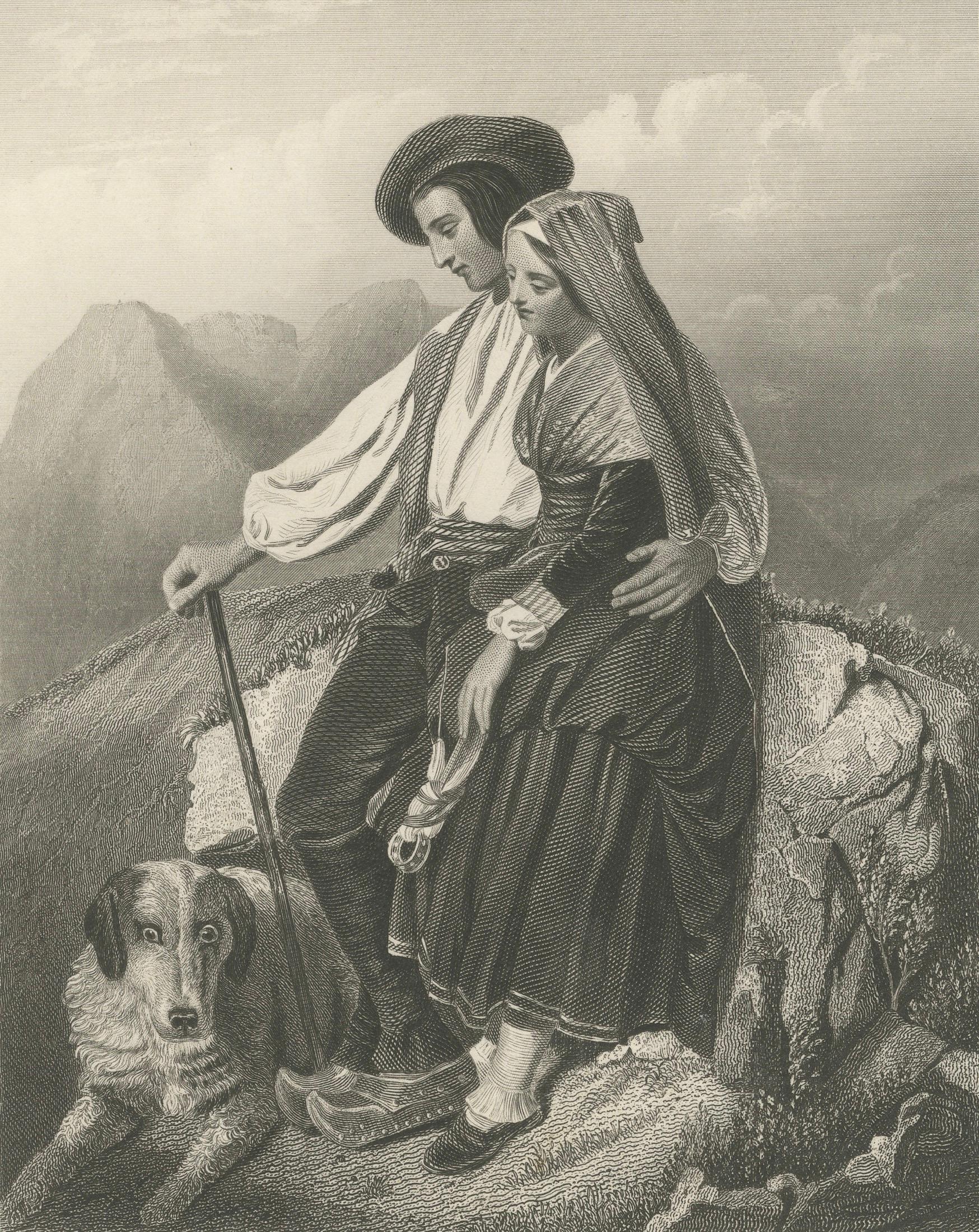 Inciso Coppia di contadini pirenaici con cane - Incisione romantica del XIX secolo, 1840 ca. in vendita