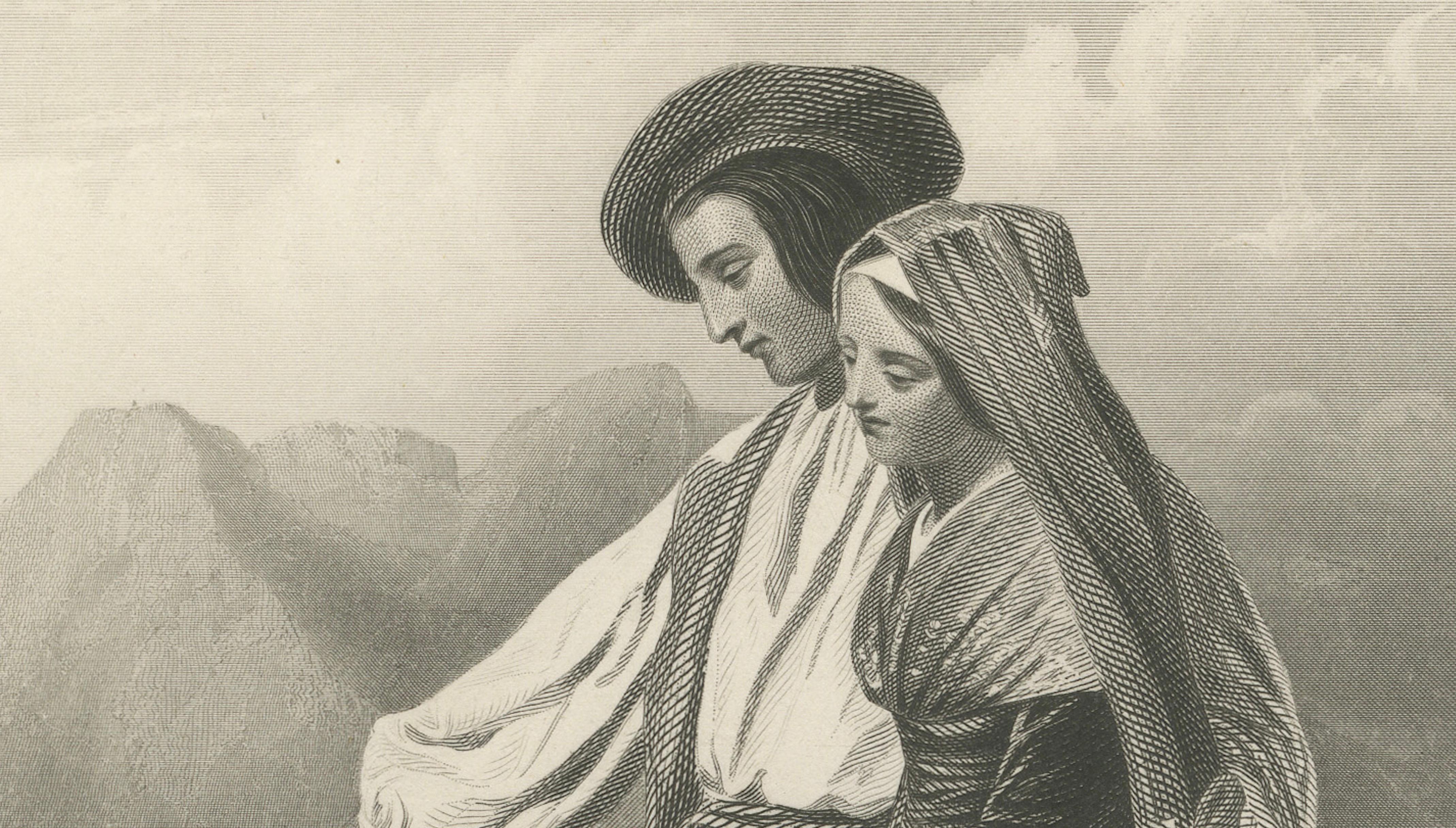 Coppia di contadini pirenaici con cane - Incisione romantica del XIX secolo, 1840 ca. In condizioni buone in vendita a Langweer, NL