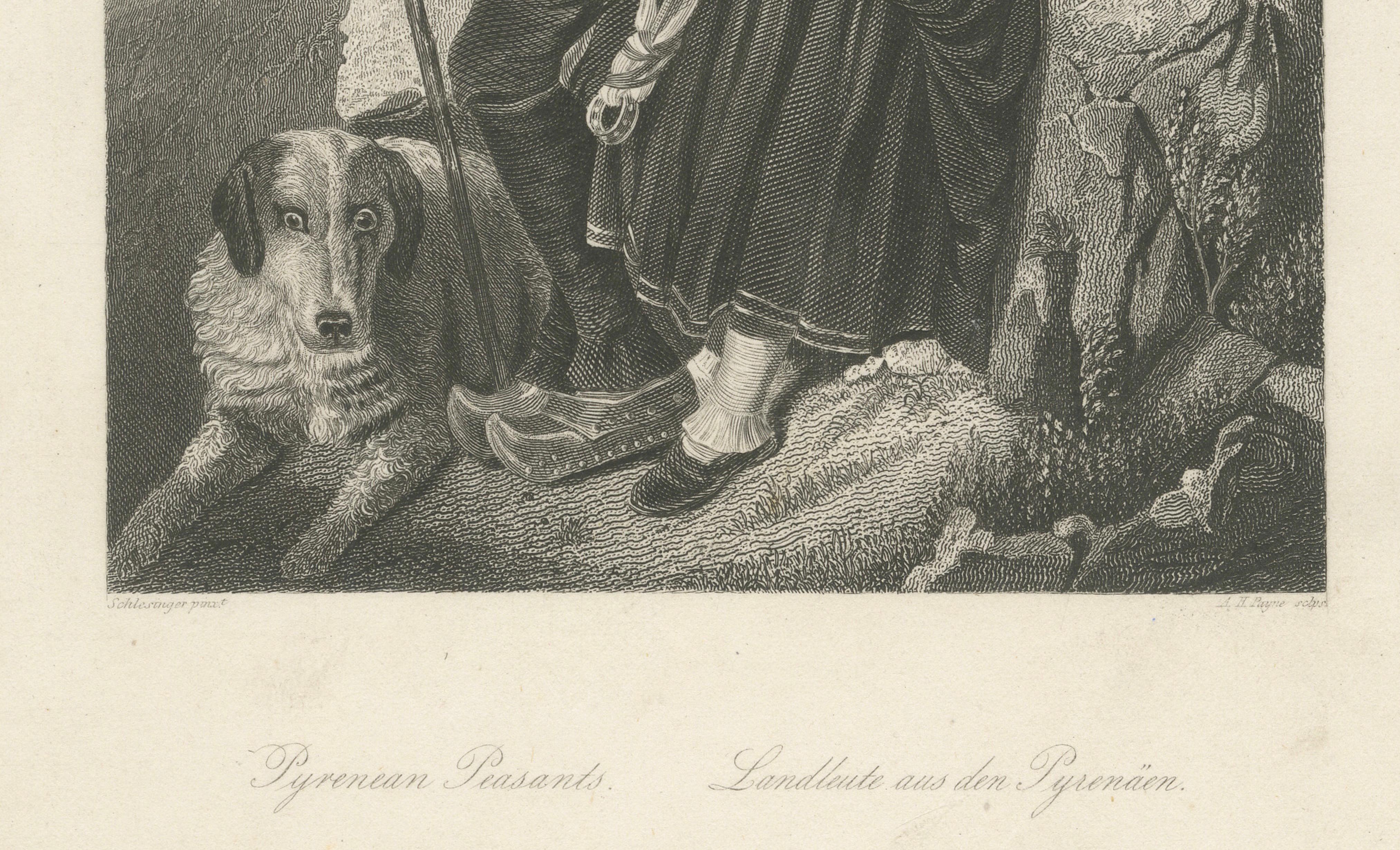 Carta Coppia di contadini pirenaici con cane - Incisione romantica del XIX secolo, 1840 ca. in vendita