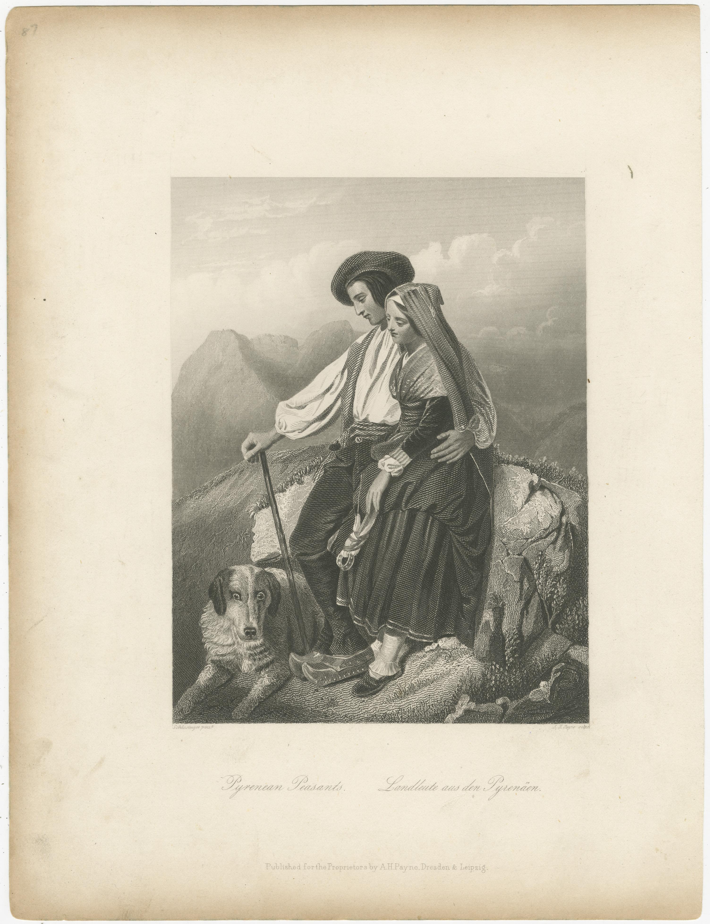 Coppia di contadini pirenaici con cane - Incisione romantica del XIX secolo, 1840 ca. in vendita 1