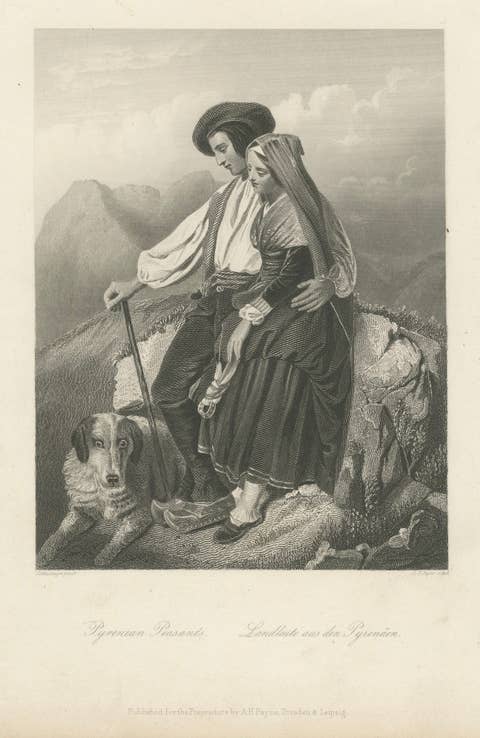 Pyrenean Peasant Couple with Dog – Romantic 19th C. Engraving c.1840