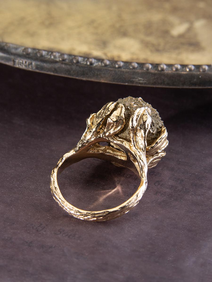 Pyrite Ball Yellow Gold Ring Uncut Stone Art Nouveau Style Flower Petals For Sale 2