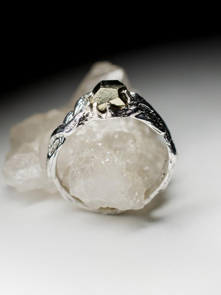 Women's or Men's Pyrite Crystal Silver Ring Golden Natural Mulatto Magic Energy raw For Sale