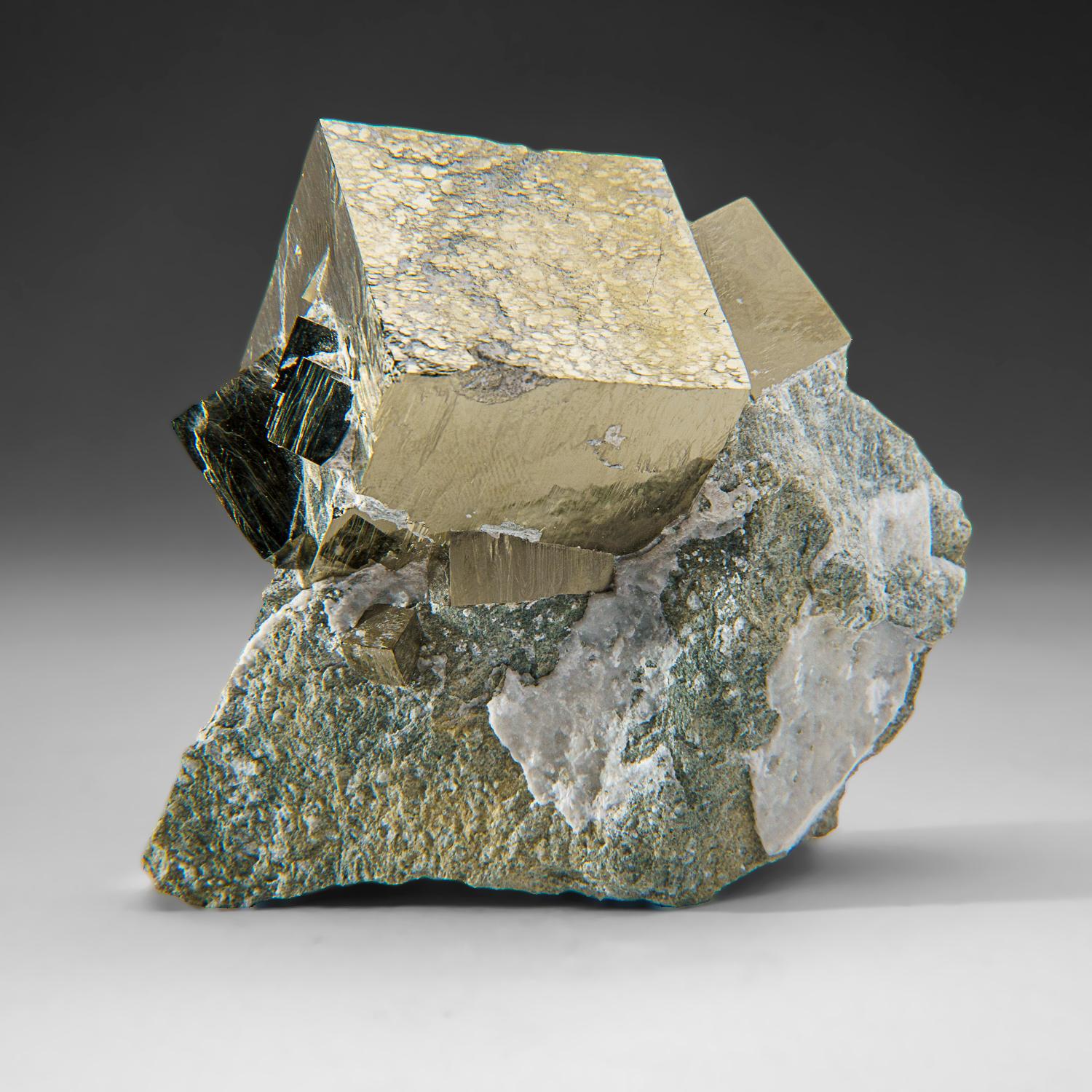 Contemporary Pyrite Cube on Basalt from Navajún, La Rioja Province, Spain (1.2 lbs) For Sale