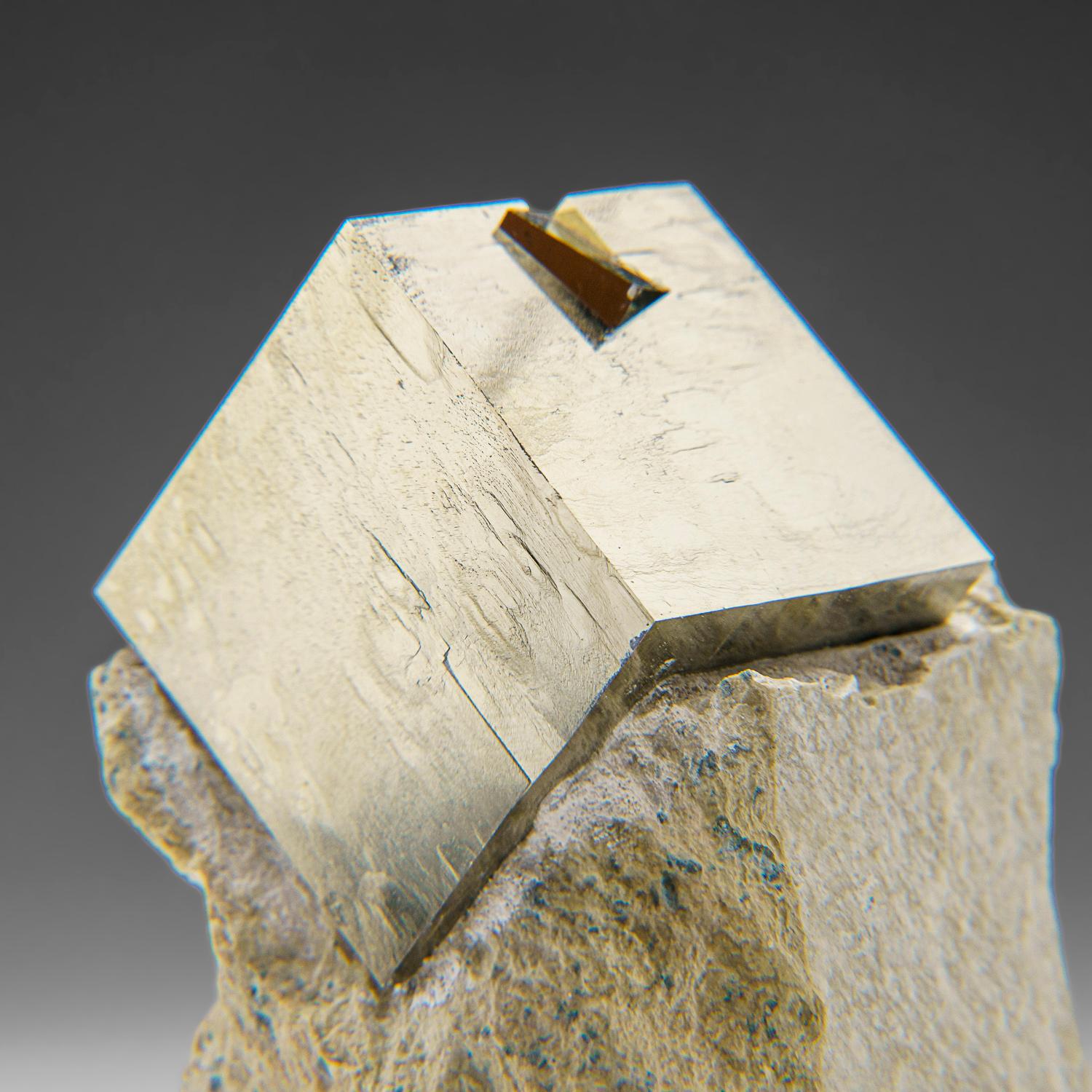 Sharp cubic metallic pyrite crystal in tan-colored Basalt matrix. The pyrite crystal has smooth crystal faces with almost mirror-like luster, stands upright nicely without additional support. A must-have for any collection, these unique formations